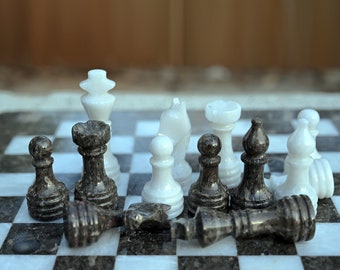 Stone Chess pieces &quot;Only&quot; Set handmade, Chess pieces only for 12&quot; to 16&quot; chess set ,Valentines Gift for him, Grey and White
