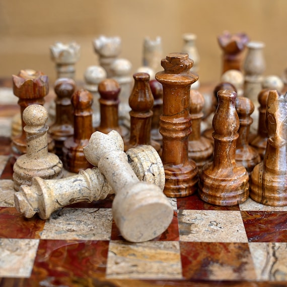 Large Marble Chess Set- Black and White Coral with Fancy Chess Pieces-  White Border- 16