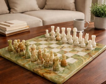 Handcrafted Green Onyx Chess Set – Luxury Stone Board & Pieces – Coffee Table Decor Gift