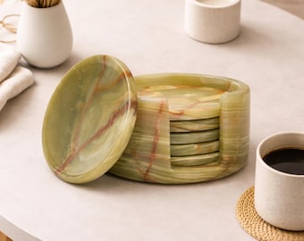 Luxury Onyx Coasters Set of 6 with Holder - Housewarming Gift