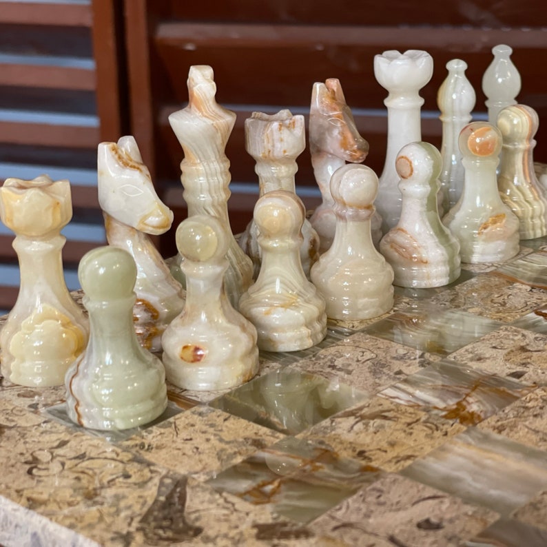 Vintage Chess pieces Set handmade, Chess pieces only for 12 to 16 chess set, Best gifts for Boyfriend, Green Onyx and Coral image 3