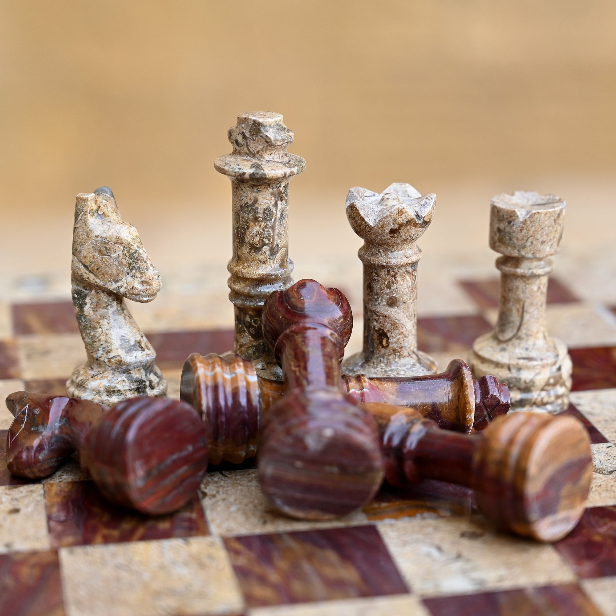 Large Marble Chess Set- Black and White Coral with Fancy Chess Pieces-  White Border- 16