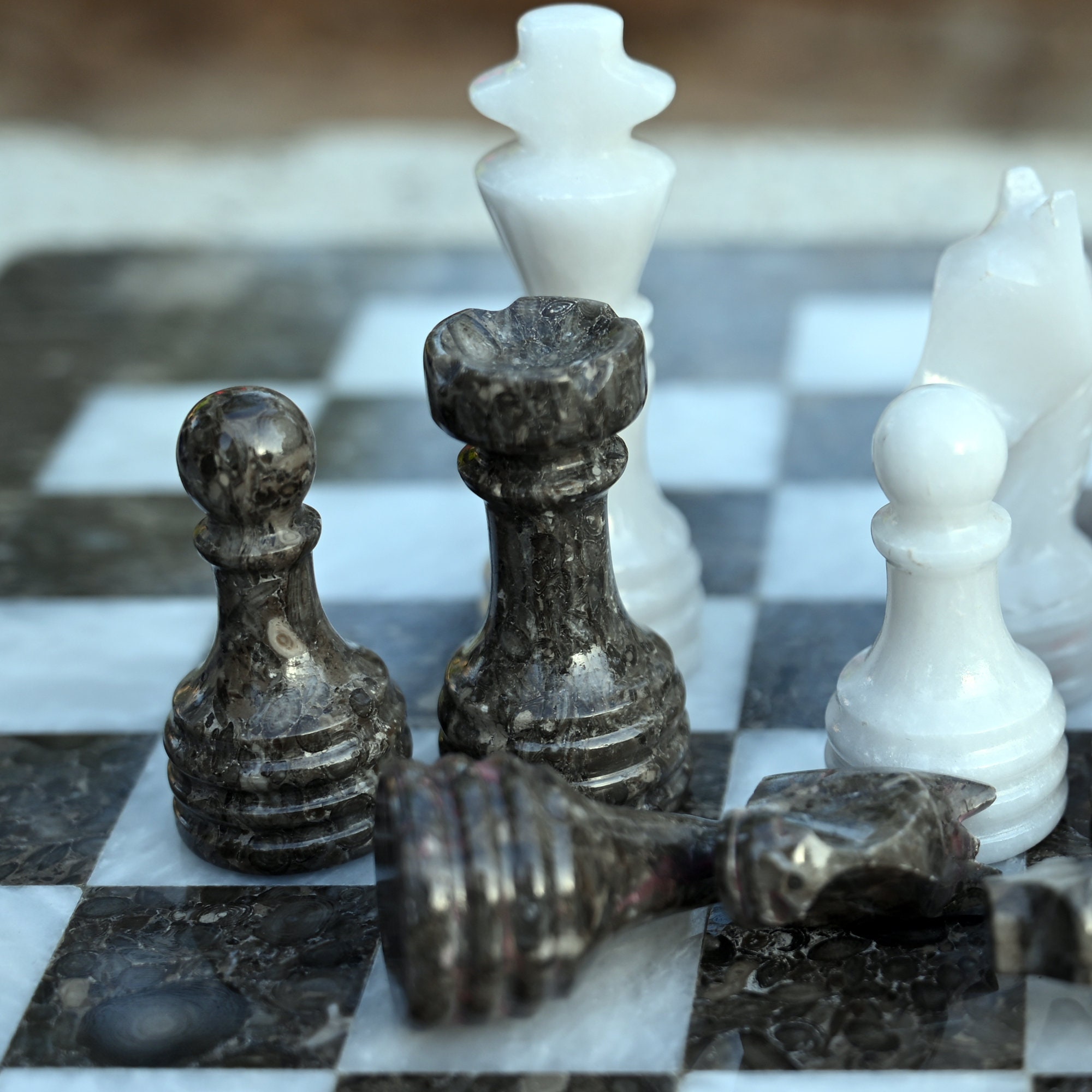 Handmade Marble Chess Pieces: Grey & White, Fits 12-16" Board