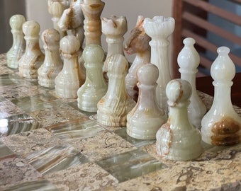 Vintage Chess pieces Set handmade, Chess pieces only for 12" to 16" chess set, Best gifts for Boyfriend, Green Onyx and Coral