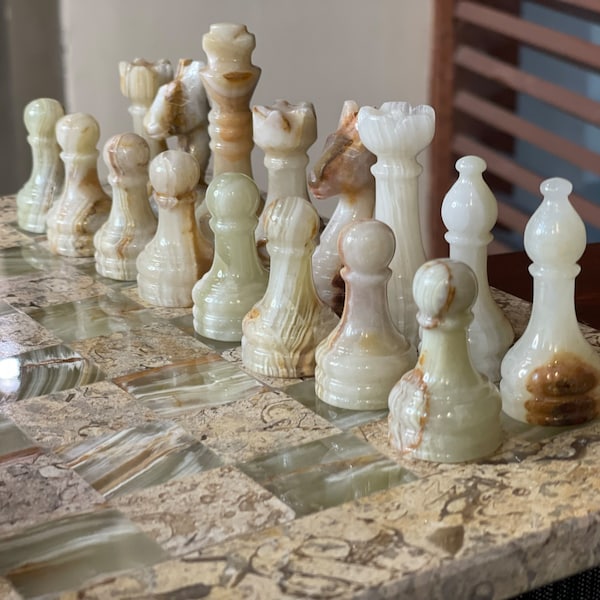 Vintage Schachfiguren Set handgefertigt, Schachfiguren nur für 12" bis 16" Schachset, Beste Geschenke für Freund, Grüner Onyx und Koralle