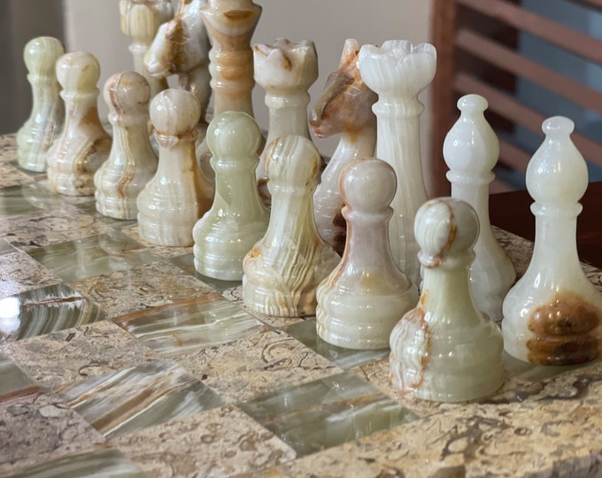 Vintage Chess pieces Set handmade, Chess pieces only for 12" to 16" chess set, Best gifts for Boyfriend, Green Onyx and Coral