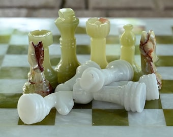 Stone Chess pieces &quot;Only&quot; Set handmade, Chess pieces only for 12&quot; to 16&quot; chess set ,Valentines Gift for him, Green and White