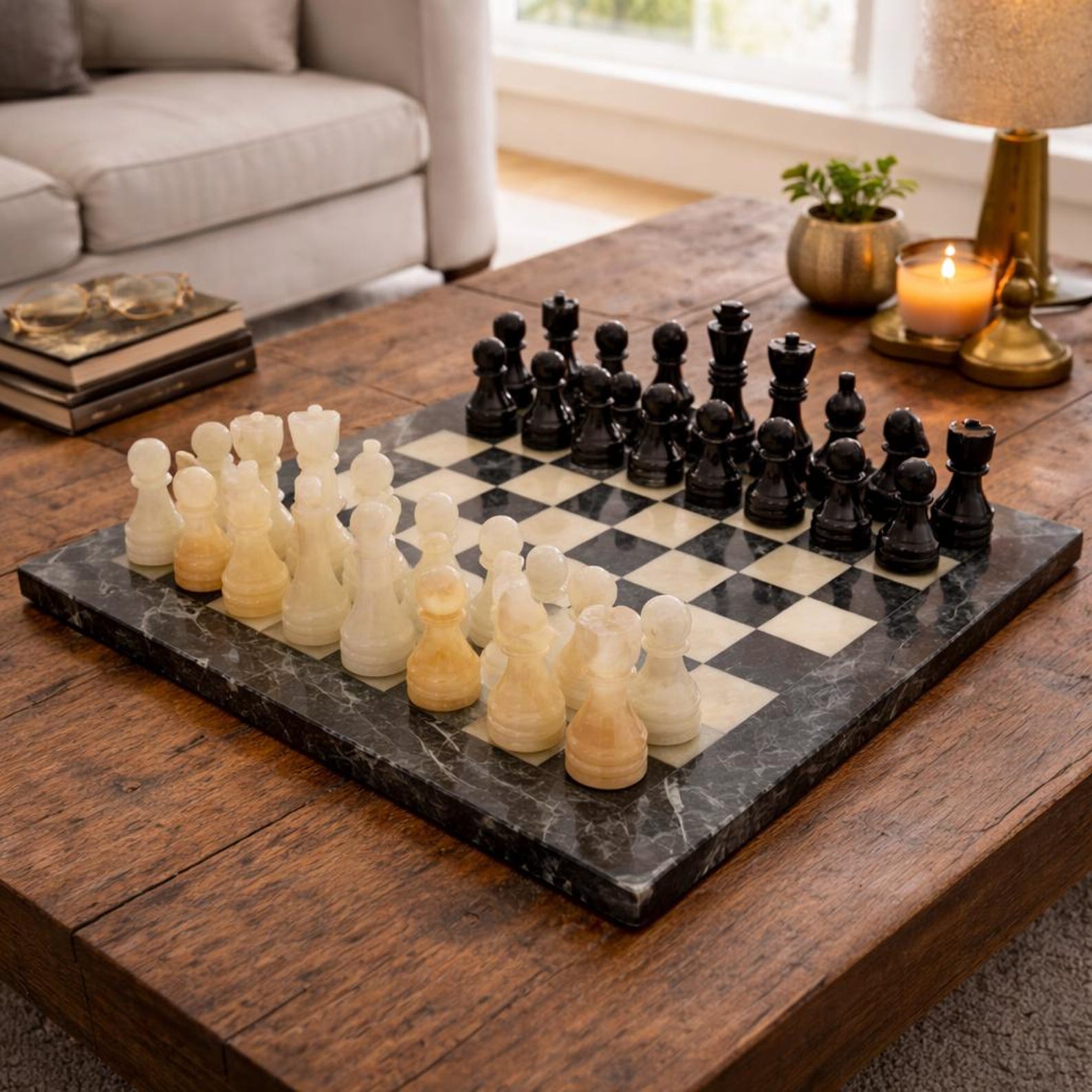 Handcrafted Black Onyx Chess Set – Luxury Stone Board & Pieces – Coffee Table Decor Gift