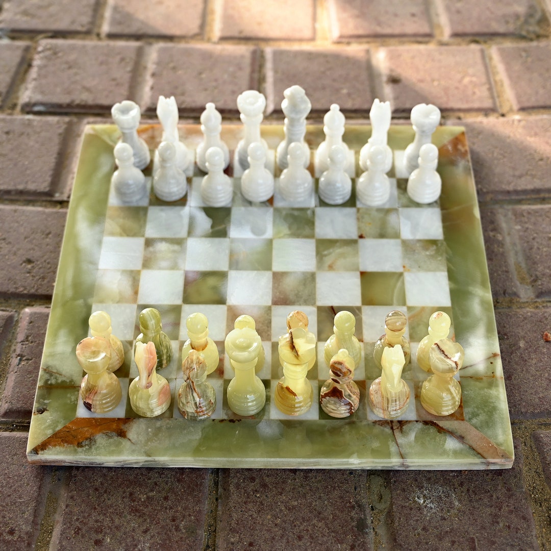Green Onyx Marble Chess Set: Handmade Vintage Decor , 12-Inch Chess board with weighted pieces - Chess set