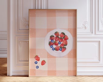 Strawberry Wall Art | Berry Printable Kitchen Decor | Fruit Art | Rustic Kitchen Art | Strawberry Digital Download | Cottage Core Wall Art