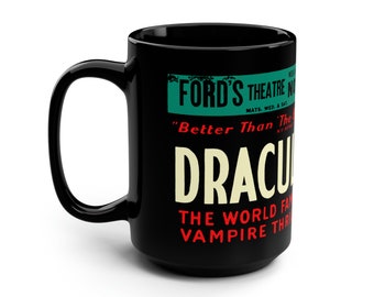 1928 Ford's Theater Dracula Stage Play Vintage Window Card 15oz Black Mug - Theatrical Elegance