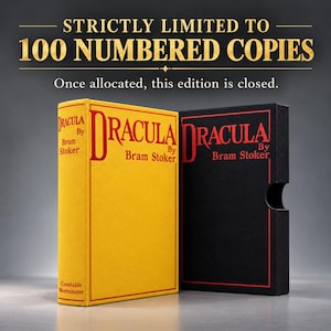 Puede incluir: Un libro amarillo titulado Dracula de Bram Stoker junto a un estuche negro con el mismo t&iacute;tulo en texto rojo. Sobre los libros, el texto dice: STRICTLY LIMITED TO 100 NUMBERED COPIES. Once allocated, this edition is closed.