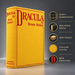 Puede incluir: Un libro de tapa dura de tela amarilla titulado Dracula de Bram Stoker con texto en rojo. La cubierta presenta un borde rojo y el lomo muestra el t&iacute;tulo, el autor y Constable Westminster. Cinco iconos circulares enumeran caracter&iacute;sticas: tapa dura cosida, lomo redondeado, 400 p&aacute;ginas, tela amarilla e impresi&oacute;n roja.