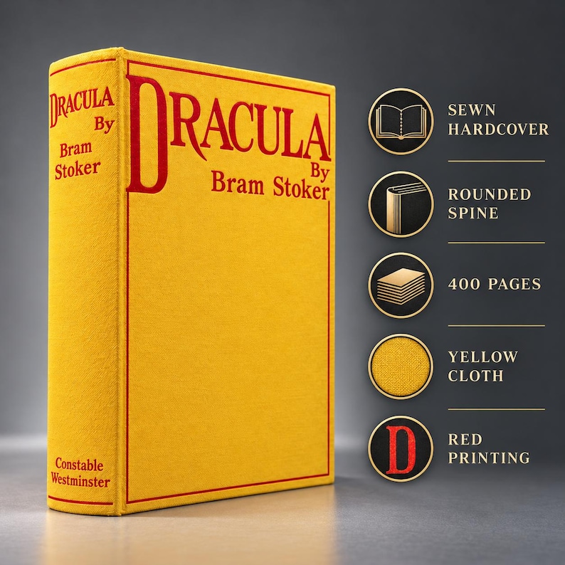 Puede incluir: Un libro de tapa dura de tela amarilla titulado Dracula de Bram Stoker con texto en rojo. La cubierta presenta un borde rojo y el lomo muestra el t&iacute;tulo, el autor y Constable Westminster. Cinco iconos circulares enumeran caracter&iacute;sticas: tapa dura cosida, lomo redondeado, 400 p&aacute;ginas, tela amarilla e impresi&oacute;n roja.
