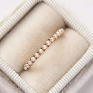Dainty Pearl Wedding Band, 14k Rose Gold Promise Band, June Birthstone Band, Stackable Matching Wedding Rings For Women, Handmade Ring