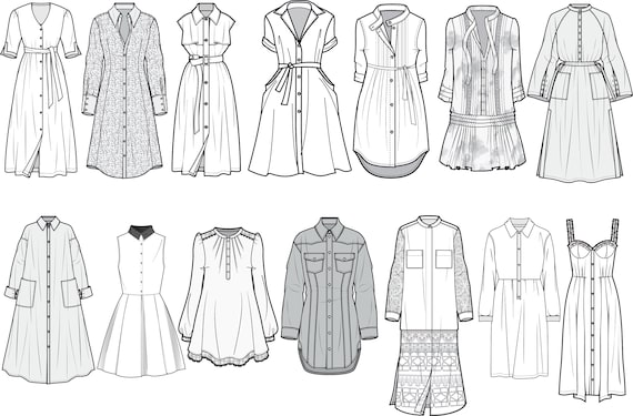 Shirt Dress Flat Technical Drawing Illustration Shirt Dress Flat Technical Drawing Illustration