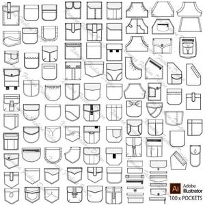 Puede incluir: Ilustración en blanco y negro que muestra 100 diseños de bolsillos diferentes. Los bolsillos varían en forma, tamaño y estilo, incluyendo bolsillos de parche, con solapa y más. La imagen incluye el texto "Adobe Illustrator" y "100 x POCKETS".