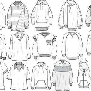 Puede incluir: Un conjunto de 16 bocetos planos de moda de diferentes tipos de tops, incluyendo sudaderas con capucha, sudaderas y polos. Los bocetos están en blanco y negro y muestran la vista frontal de cada prenda.