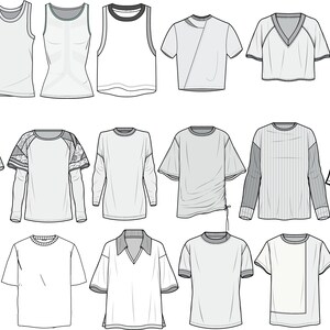 May include: A collection of 20 different t-shirt designs, including tank tops, long-sleeved shirts, and short-sleeved shirts. The shirts are all white or light grey and feature various necklines, sleeve lengths, and details.