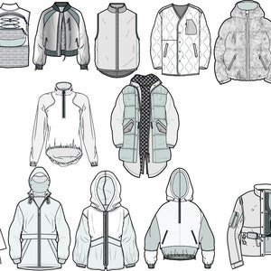 Könnte beinhalten: Eine Sammlung von 13 verschiedenen Oberbekleidungsdesigns in einem weißen und hellblauen Farbschema. Die Designs umfassen Jacken, Westen und eine Latzhose. Die Designs sind alle in einem einfachen, flachen Stil gezeichnet.