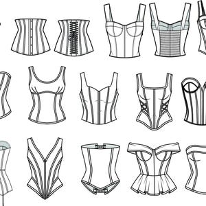 Puede incluir: Una colección de dibujos lineales en blanco y negro que ilustran varios diseños de corsés y corpiños. Los bocetos muestran diversos escotes, configuraciones de tirantes, cierres de cordones, botones y dobladillos con volante en formato técnico.