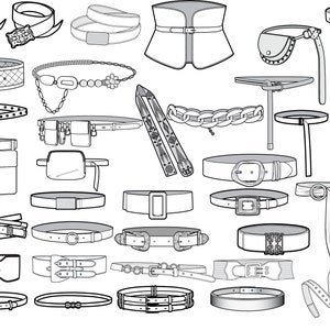 Puede incluir: Una colección de cinturones variados en un estilo de arte lineal en blanco y negro. Los cinturones presentan diversos diseños, incluyendo aquellos con hebillas, bolsillos y elementos decorativos. Los estilos varían de simples a ornamentados, mostrando una variedad de anchos y cierres.