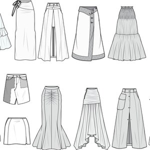 Pode incluir: Uma coleção de 14 designs de saia diferentes, incluindo uma saia de ganga, uma saia de envoltório, uma saia plissada e uma saia com babados.