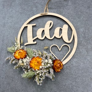 Personalized door sign, name plate, children's room sign, decorated with dried flowers Orange