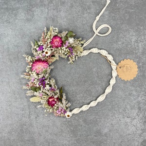 Heart-shaped dry flower wreath with macrame