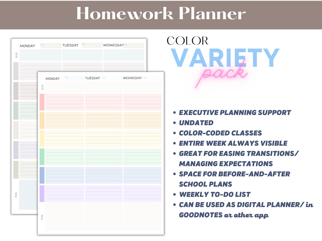Middle School Homework Planner Study Planner Undated Weekly Agenda Student Organizer ADHD