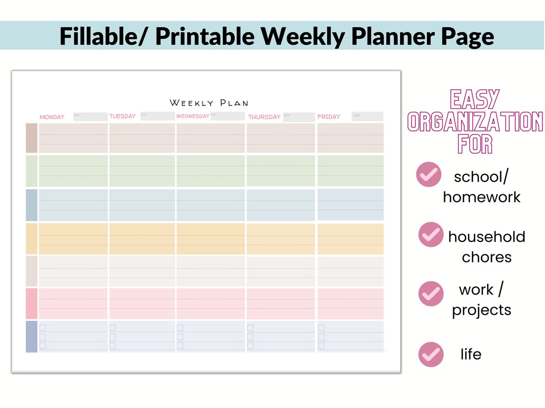 Homeschool Weekly Schedule Printable Printable Planner Fillable PDF ...