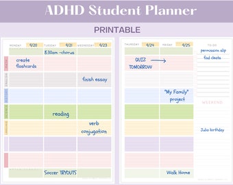 student homework diary College ADHD Planner| pdf adhd Planner | Undated Weekly Agenda| Student Organizer | ADHD Planner| ADHD Printable