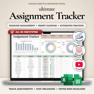 Assignment Tracker Google Sheets Excel Student Planner Homework and Academic Planner College Study Organizer Grade and Task Tracker Calendar