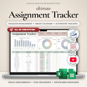 Planificador de tareas en Google Sheets y Excel, Planificador de tareas y académico, Organizador de estudios universitarios, Calendario de seguimiento de calificaciones y tareas