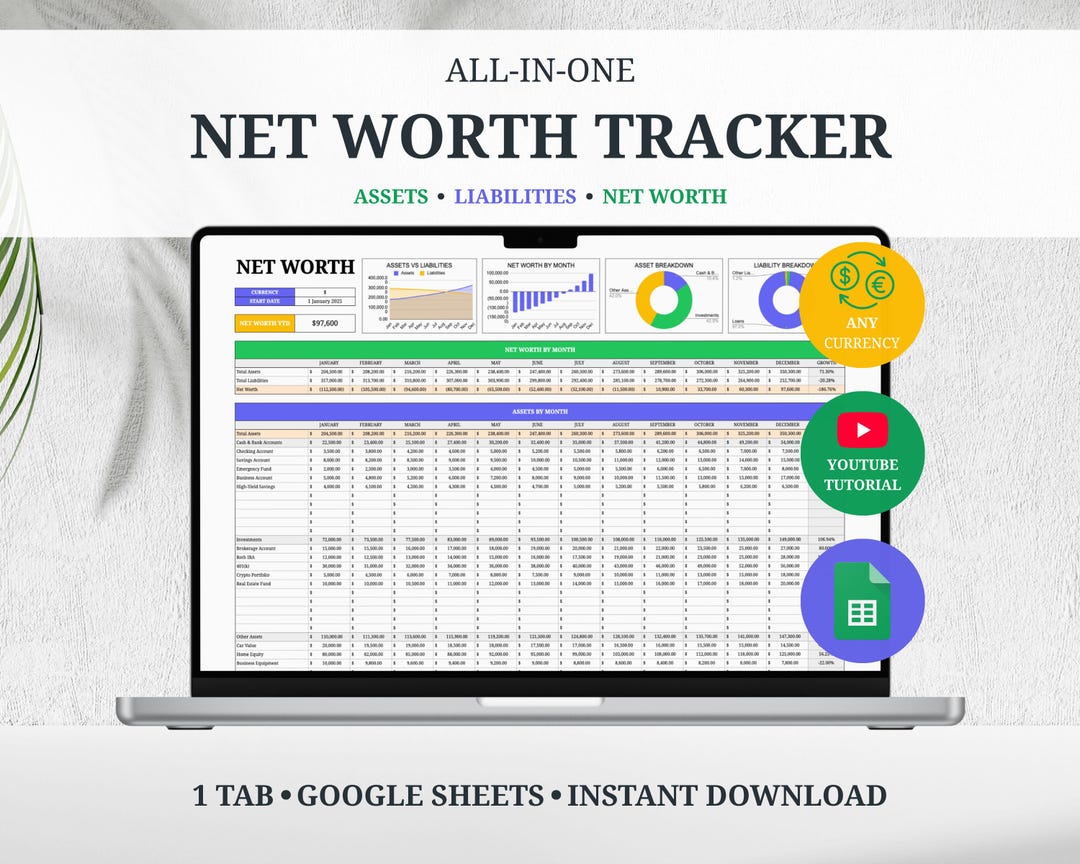 Net Worth Tracker Google Sheets Spreadsheet Investment Template Annual ...
