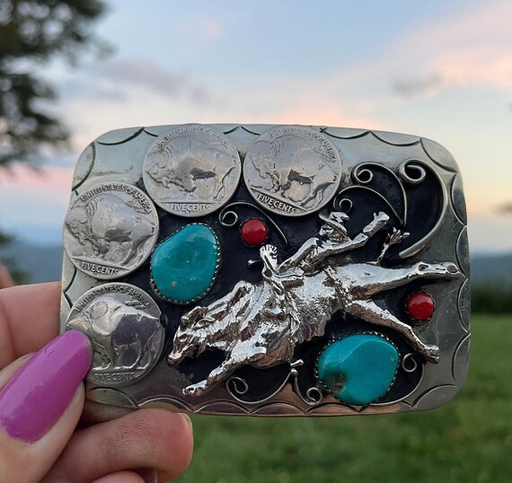 Handmade Vintage Native American Belt Buckle Silver and Turquoise