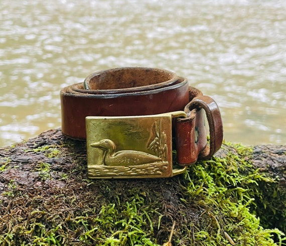 Vintage brown leather belt with Duck Brass belt b… - image 2
