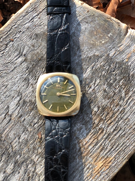 Vintage 1960s IWC watch with 18k gold and green w… - image 4