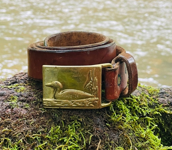 Vintage brown leather belt with Duck Brass belt b… - image 3