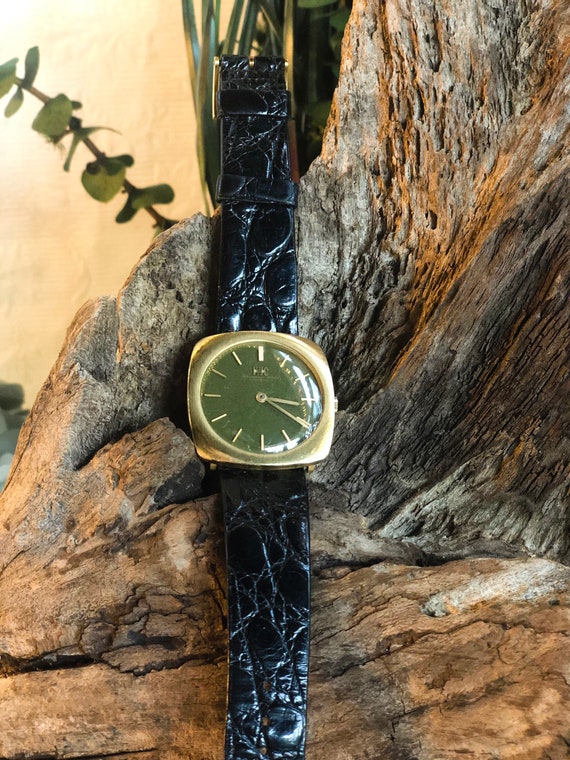 Vintage 1960s IWC watch with 18k gold and green w… - image 3