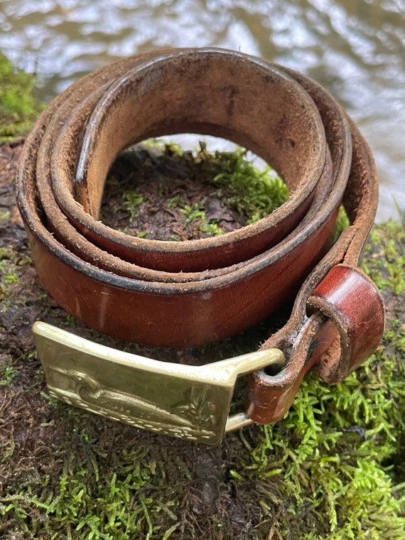 Vintage brown leather belt with Duck Brass belt b… - image 4