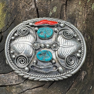 Vintage Sterling silver turquoise and coral belt buckle, signed E
