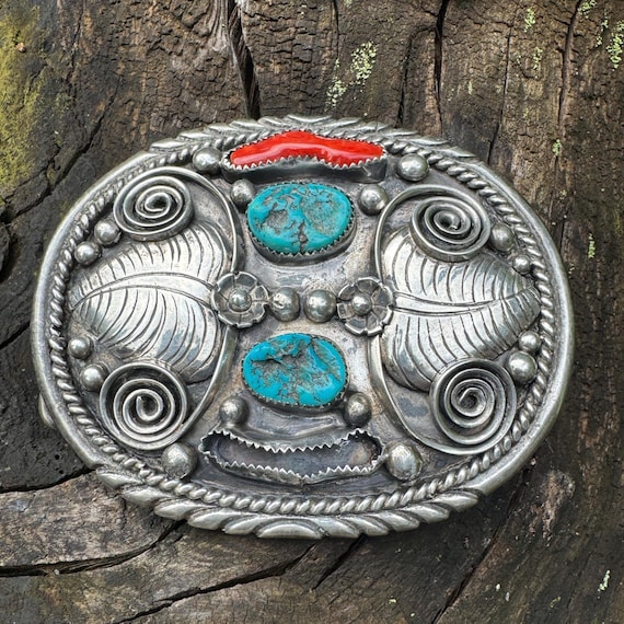 Vintage Sterling Silver Turquoise and Coral Belt Buckle  display picture 3