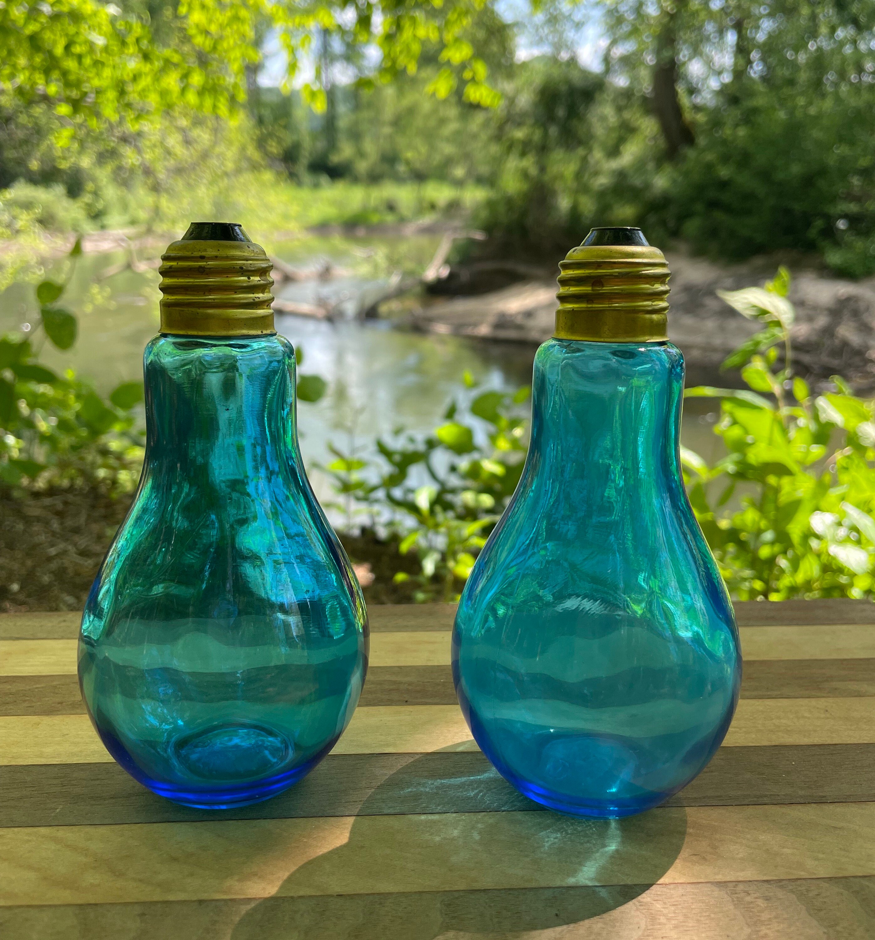 Vintage Blue Turquoise Glass Light Bulb Salt and Pepper Shakers 