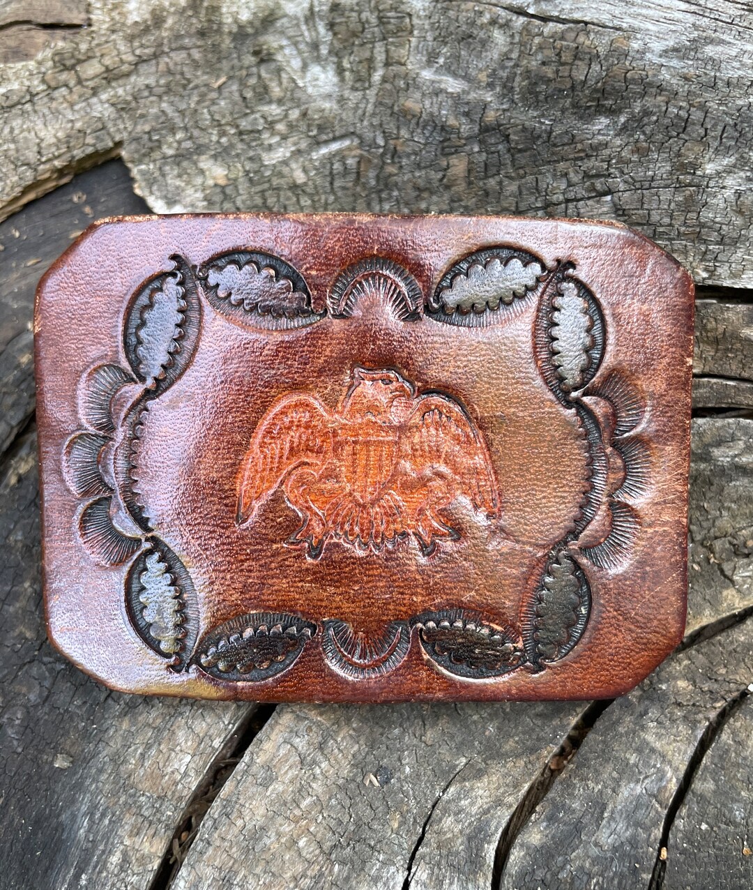 70s brass patina elephant buckle leather belt