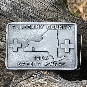 Vintage pewter Allegany County 1983 safety award belt buckle