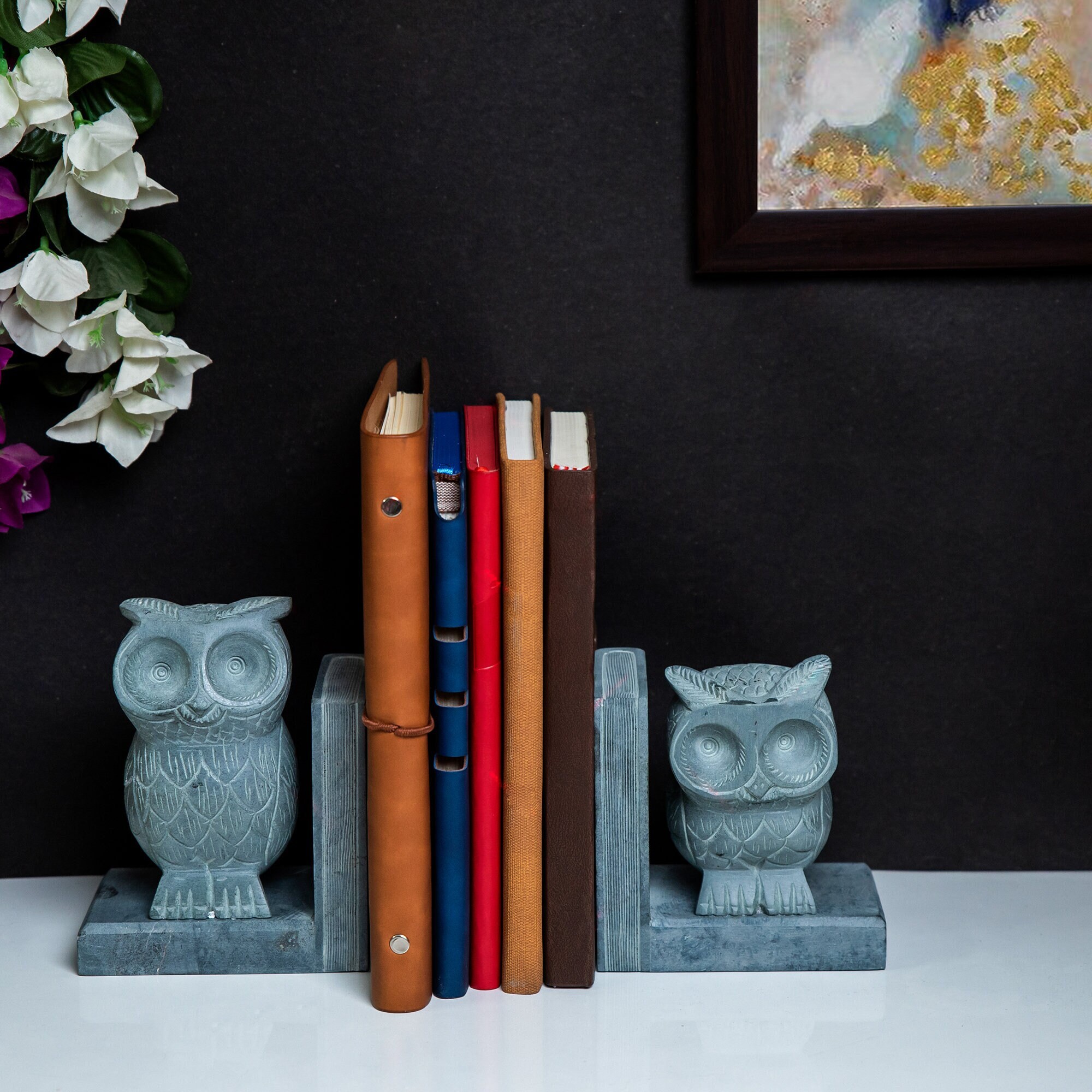 Owl Bookend Palewa Stone Fabriqué à La Main/Kiosque Livres