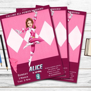 Aangepaste Power Ranger roze uitnodigingskaart, verjaardagsfeestje uitnodigt, afdrukbare digitale download, rode Power Ranger uitnodiging