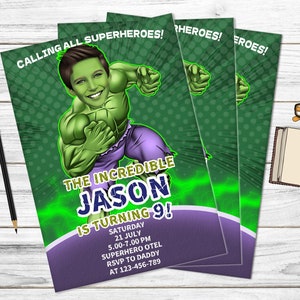 Benutzerdefinierte Hulk Geburtstag Einladungskarte, Hulk Geburtstagsparty einladen, druckbare digitaler Download, Superhelden Einladung, das unglaubliche Porträt