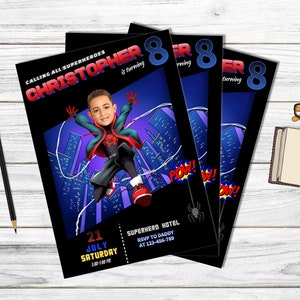 Benutzerdefinierte Miles Morales Geburtstagseinladungskarte, Miles Morales Geburtstagsparty einladen, druckbare digitaler Download, Superhelden-Einladung